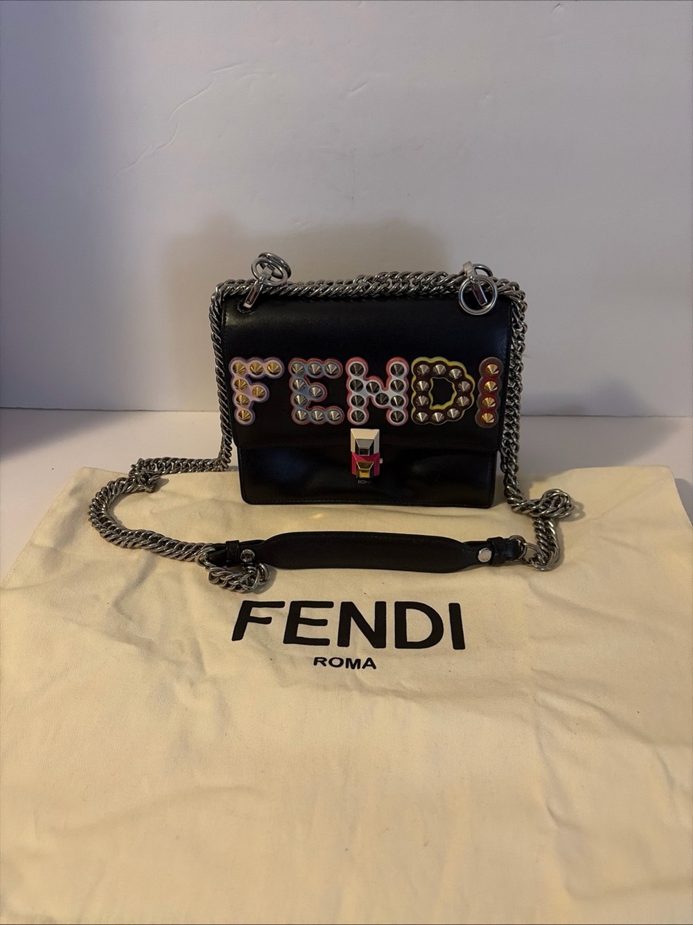 Fendi Kan I Rainbow Black Confetto Calf Leather Studded Shoulder Bag - Preowned